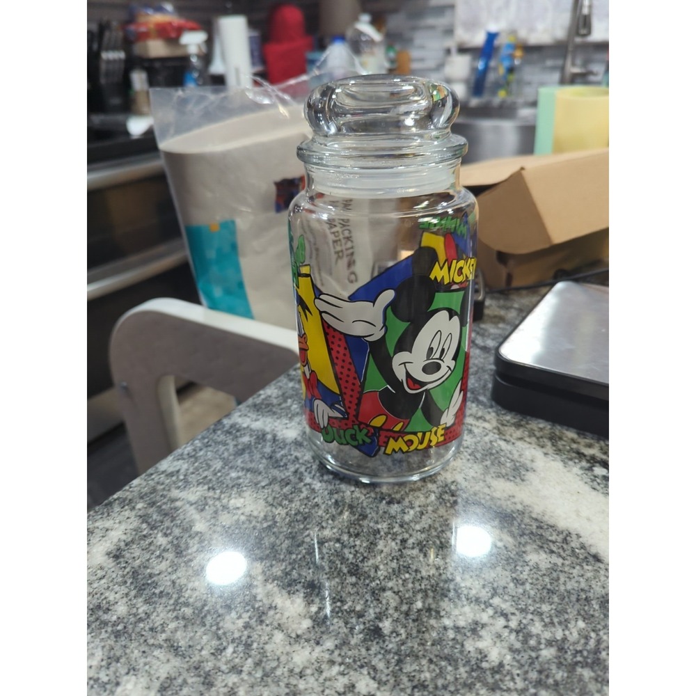 Vintage Disney Anchor Hocking Mickey Minnie Donald Cookie/ Candy Glass Jar & Lid